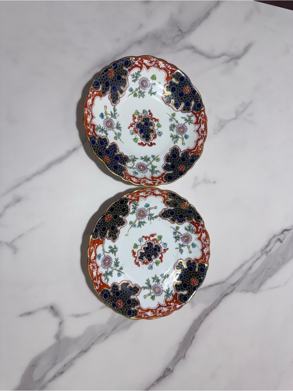 Hand-Painted Floral Porcelain Dessert Plates - Blue & Orange